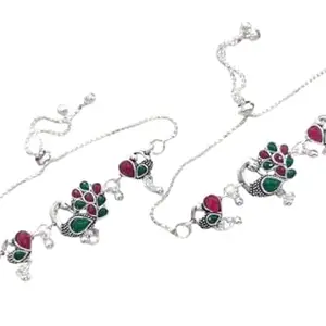 Lovemi Movements Traditional Silver-Plated Peacock Anklets with Red and Green Stones, Ethnic Design, Women's Fashion Jewellery