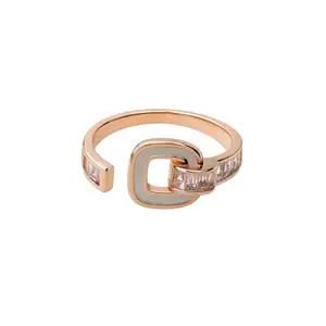 Rose Gold Plated Adjustable Open Ring for Women & Girls | Stylish Geometric Design with Cubic Zirconia Stones | Modern Fashion Finger Ring