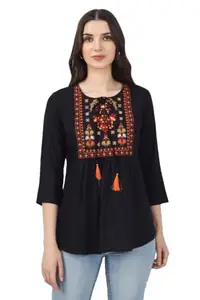 Women's Embroidered Short Length Rayon Tunic Top (Black, M)-PID46351