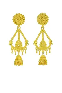 Traditional Gold-Plated Chandelier Earrings, Ornate Filigree Design, Jhumka Style
