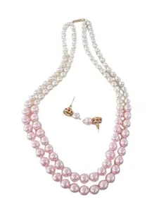 HSNJ JEWELS Pink & White Double Layer Round Pearl Necklace Set Wiith Earing