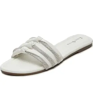 LOUIS STITCH Women's Fashion Flat Slip On Sandals | Open Toe White Stylish Flat Sandal for Ladies, Comfortable All day Wear Slipper | LSOF-LDSL-GLTSWH | UK-6