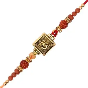 I Jewels Mens Enamel OM & Rudraksha Beads Design Rakhi With Roli Chawal & Rakshabandhan Card for Bro/Brother/Bhai (Yellow)