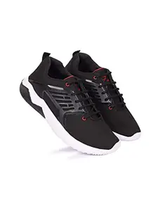AADI Men's Black & Red Mesh Leather Outdoor Running Casual Shoes