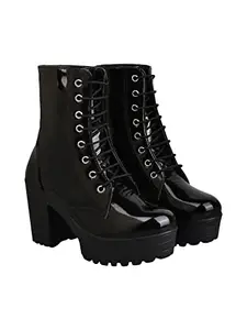Shoetopia Women & Girls Lace Up Block Heeled Western Boots/Boot-07/Black/UK3