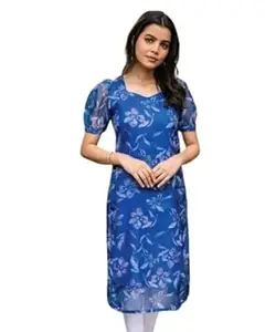 NEW FUSION FABRIC Women Organza Fabric Digital Printed Short Sleeves Pattern Kurti for Women, Long Kurti