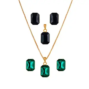 JFL - Jewellery for Less Fashion Combo Gold Plated Rectangular Crystal Pendant with Chain and Earrings (Green, Black)- Valentine Latest Love,Valentine