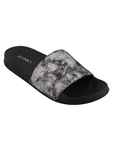 ICONICS Women's Sliders, Silver-Black, 3