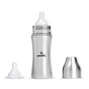 Speedex Stainless Steel Infant Baby Feeding Bottle 250ml, BPA Free, Anti-Colic, Plastic-Free, Medium-Flow Nipple (Bliss-250 ML,1 Extra Nipple Free)