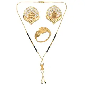 AanyaCentric Gold Plating Jewelry Pack Elegant Short Mangalsutra, Ring and American Diamond Earrings Pack - Stylish Accessories for Women and Girls