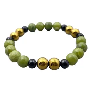 RRJEWELZ Natural Black Onyx, Hematite & Jade 8mm Round Shape Smooth Cut Beads 8 Inch Stretchable Bracelet For Men & Women. Unisex Bracelet For Healing, Meditation, Prosperity & Luck|STBR_RR_10728_8.0