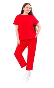 Pinkberry Women Cotton Blend Cord Set for Women || Solid Co Ord Set || Casual Short Sleeve Fancy Tshirt & Bottom Set For Women Summer RED 4XL