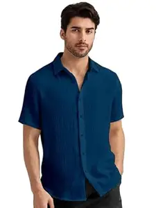 WIZOON Men’s Black Casual Cotton Shirt | Regular Fit Short Sleeve Button-Down | Shirts for man | Spread Collar | man Stylish