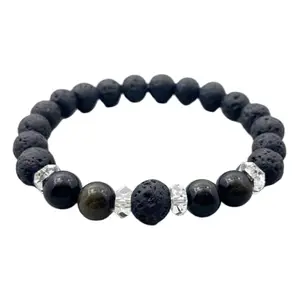 LKBEADS Golden Obsidian & Black Lava Bracelet | Beaded Energy Bracelet for Protection And Strength | Lava Rock Healing Jewelry|8mm Round|Smooth|Black|SRC_LI_000330