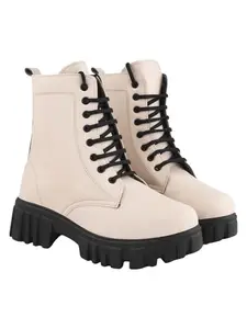 Shoetopia Women's Cream Combat Boots – Chunky Platform Lace-Up Ankle Boots with Lug Sole | Faux Leather Fashion Boots for Fall & Winter EU37