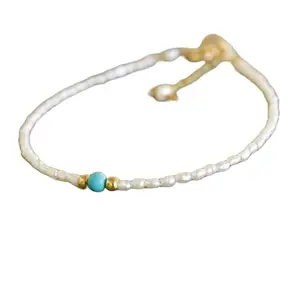 LKBEADS Fresh Water Pearl With Turquoise bracelet with Gold clasp - 3x2-4mm Oval & Round beads- Smooth Cut -7 Inch Adjustable Bracelet– Healing, Fashion, Gift, Spiritual, Yoga|LK_STACK_07607