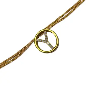 Digital Dress Room Y Letter Gold Plated Barrel Shape AD Initial Name Thread Rakhi Lumba for Raksha Bandhan Festival | Rakhee Celebration Bracelet Online for Bhaiya, Bhabhi, Brother, Sister In law