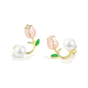 CraftKart Trendy and Stylish Pink Tulip Flower Stud Jewelry Pearl Back Earrings for Women and Girls French Elegant Jewelry by COSMOS