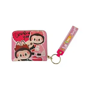 Cute Cartoon Pattern Small Wallet for Women with Decorative Keychain, Brown and Beige (Pink)