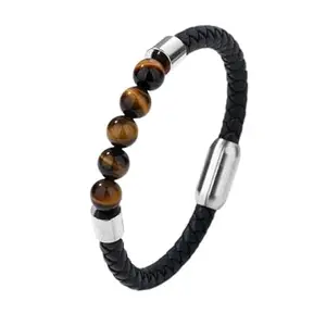 Blustone Durable Hand Knotted Tiger Eye Bracelet Original Certified टाइगर आई स्टोन ब्रेसलेट Brilliant Tiger's Eye Crystal Hand Bracelets Wristband Tigereye Stone Magnetic Leather Bracelet for Men