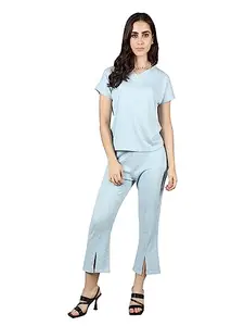 CHKOKKO Women Polycotton Solid Casual Summer Track Suit T-Shirt Shorts Trackpant Co-Ord Set Iceblue Medium