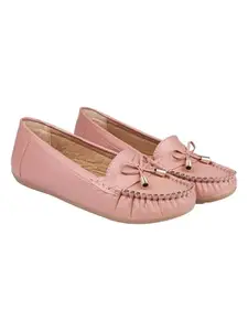 Shoetopia Women's Peach Stylish Casual Loafers | Comfortable Slip-On Flat Shoes with Bow Design & Soft Sole for Daily Footwear EU36