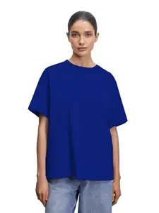 LEOTUDE Half Sleeve Cottonblend Printed Womens Oversized T-Shirts (TD-GRL_FS49_Plain_Blue_P_Blue1_L)