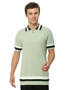 Beyoung Seafoam Green Contrast Striped Collar Flat Knit Polo T-Shirt for Men