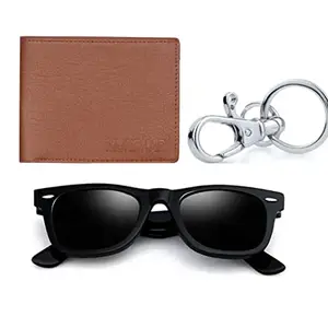 Mundkar Leather Tan Wallet Black Sunglass and Keychan Hook Men's Gift Set