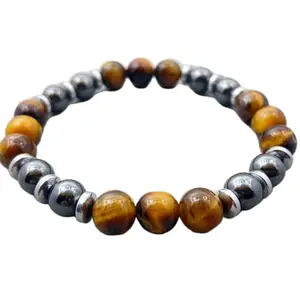 LKBEADS Yellow Tiger's Eye & Hematite Beaded Bracelet for Men, Buddhist Essential Oils Diffuser, Best Friend Gift|8mm Round|Smooth|Grey & Brown|SRC_LI_000531