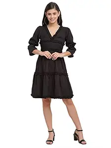Karmic Vision Women's Polyester Fit and Flare Knee-Length Dress (SKU001130- Black_S)