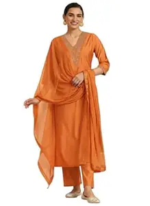 Women's Embroidered Kurta Set with Dupatta, Pink, V-Neck, 3/4 Sleeve, Straight Fit, Ethnic Wear