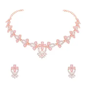 Perfect for special occasions, our Rosegold Polished AD Studded Choker Jewelry Necklace set comes with matching earrings.(AB_Ganga-RG-Babypink)