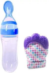 MOM'S PRIDE 90ML Newborn Baby Feeding Bottle | Toddler Silicone Squeeze Feeding Spoon Milk Cereal | Training Feeder and Mitten Glove Silicone Teether | (Set of 2) (Blue)