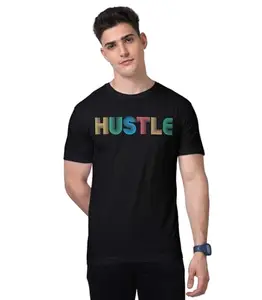 Print My Fashion Men's T-Shirt Regular Fit Round Neck Half Sleeve Combed Bio-Washed Cotton Hustle Stripe Motivational Graphic Printed T Shirt for Men (Black, S)