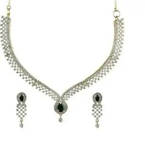 Nirmala Fashion Elegant Crystal Necklace Set with Green Emerald Style Stones, American Diamond Studded Earrings, Wedding Jewellery Set