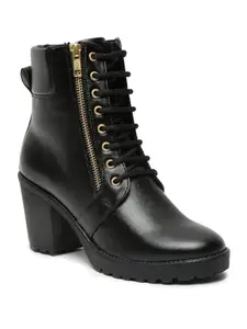 Bruno Manetti Women's Black Laceup With Side Golden Zipper Ankle Length Comfort Mid Top Heel Boots