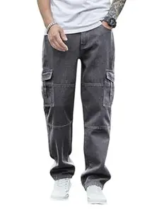 GRECIILOOKS Baggy Cargo Jeans for Men – Mid Rise Relaxed Fit Denim Cargo Pants | Streetwear Utility Pant with Multiple Pockets