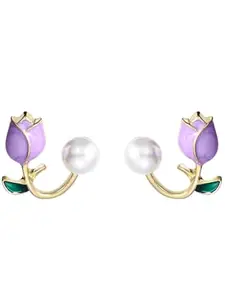 KRELIN Tulip Pearl Stud Earrings Pearl Purple Flower Stud Earrings Jacket Front and Back Earrings For Party Jewelry