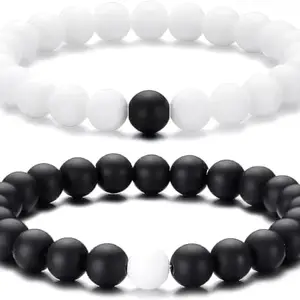 Adore Black and white Distance Couple Natural Stones Reiki Yoga Healing Onyx and Howlite Unisex glossy matte Bracelet for Men and Women.