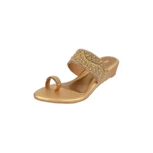 Metro Women Antique Gold Synthetic Embellished Ethnic Wedge Party Sandal UK/7 EU/40 (35-1634)