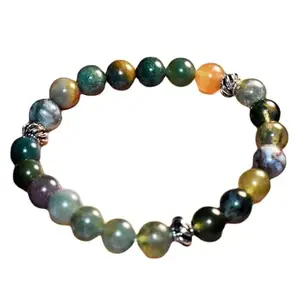 RRJEWELZ Natural Indian Agate Round Shape Smooth Cut 8mm Beads 7.5 inch Stretchable Bracelet for Healing, Meditation, Prosperity, Good Luck | STBR_04360