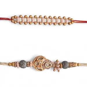Ideaz unlimited Designer Teardrop Stones & Simple Pearl Bead Rakhi | Gold Finish & Red Thread for Rakshabandhan | Pack of 2 Rakhi with Roli Chawal