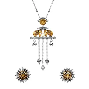 VOYLLA Qasbah Haathi Mere Sathi Oxidised Two Tone Pendant Set For Women|Oxidised Pendant Set For Women|Dual Tone|Everyday|Festive|Diwali|Karwachauth|Gift For Her