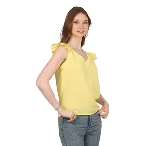 Women's Lemon Yellow V-Neck Cap Sleeve Blouse, Slip-on Closure (Large)