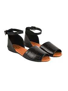 Shoetopia Ankle Buckled Peep-Toe Black Flat Sandals For Women & Girls /UK3