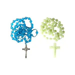 Glow-in-the-Dark Catholic Rosary Prayer Beads, Blue and Green, Religious Necklace Combo, 2-Piece Set