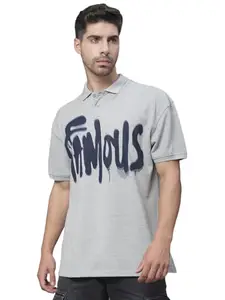 DOOR74 Mens Famous Printed Grey Color Oversize FIT Polo Tshirt