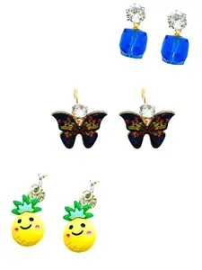9blings Set Of 3 Multicolour Butterfly & Fruite Design Earrings |Combo Earrings Set For Women and Girls