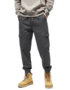 Leriya Fashion Men's Mid Rise Cargo Pants with 6 Pockets, Premium Cotton Drawstring Trousers, Comfortable Casual Workwear Joggers, Stretchable Track Pants for Office and Parties